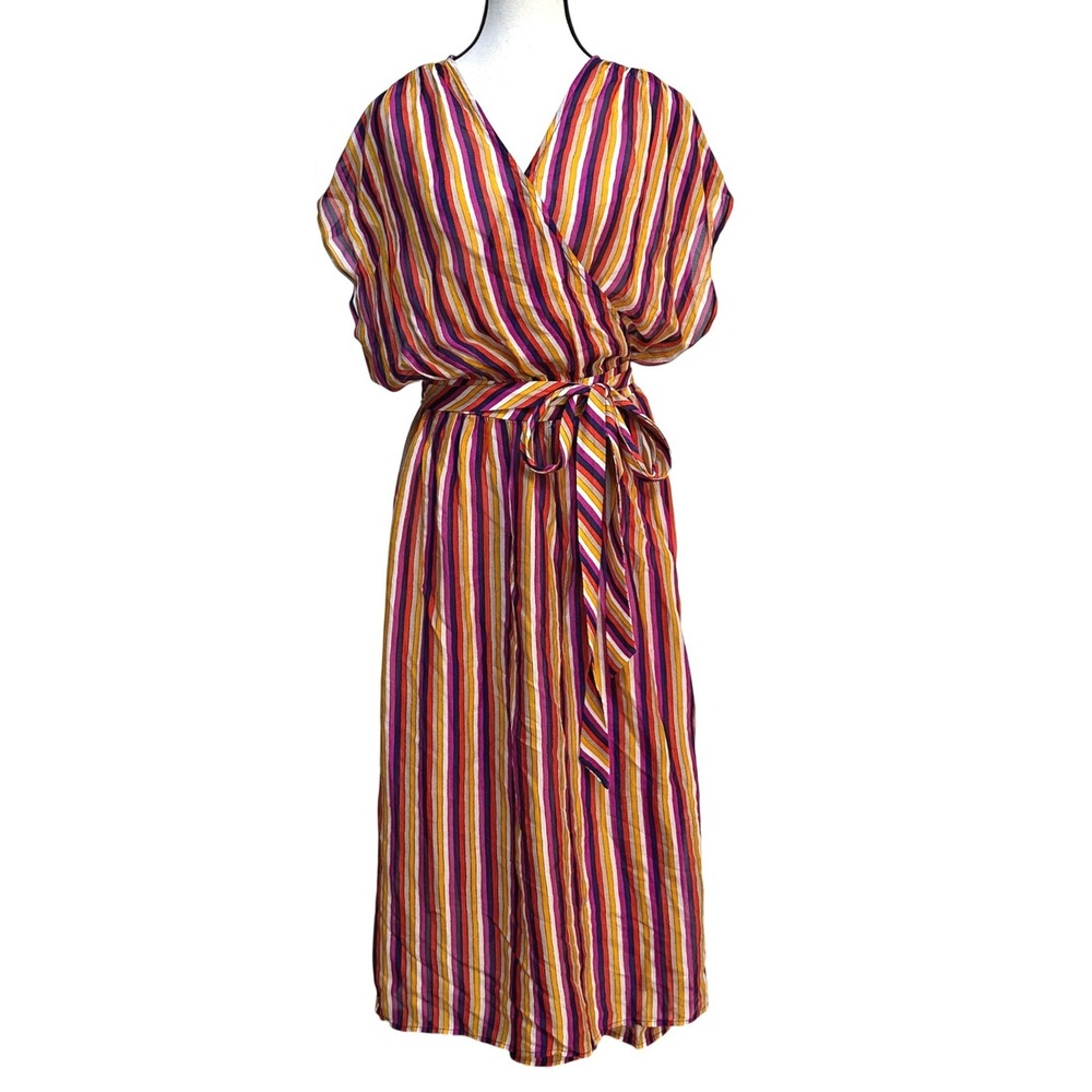 Trina Turk Sheer Wrap Maxi Dress 8 Rainbow Striped Resort Cover Up Mod No Slip